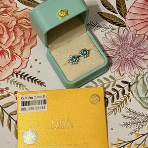 GRA Certified 2 CT Blue Moissanite Flower Halo Earrings